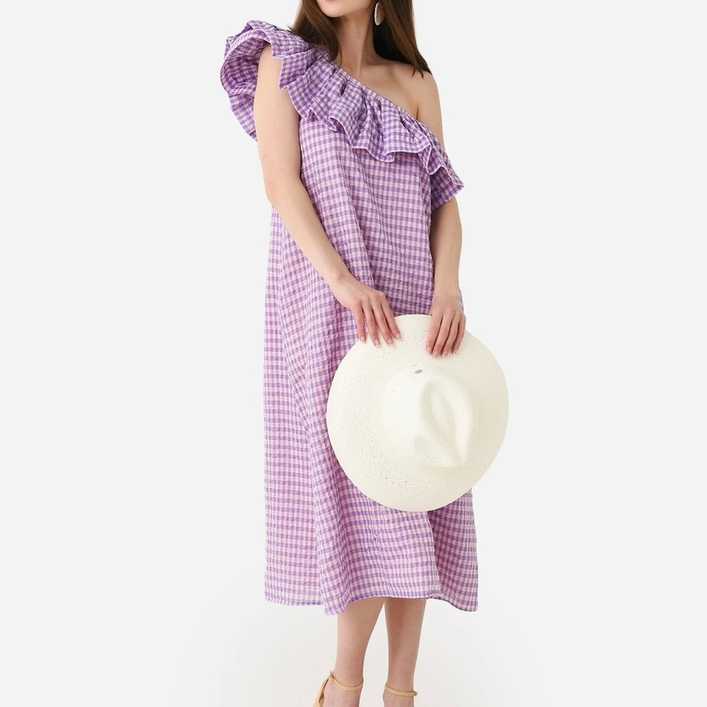 NWT Never A Wallflower One Shoulder Ruffle Gingham Plaid Dress Sz L